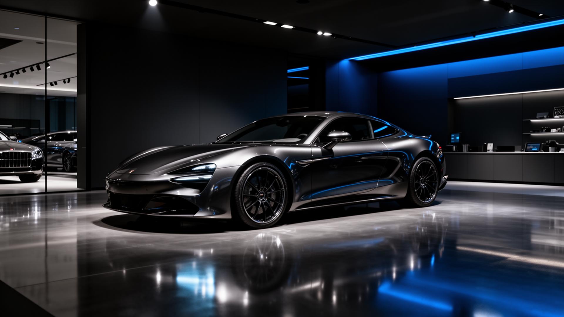 Premium European sports car in a modern showroom with dramatic lighting